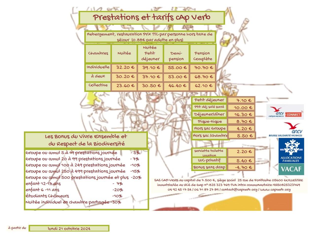 Prestations et tarifs hiver 24 25